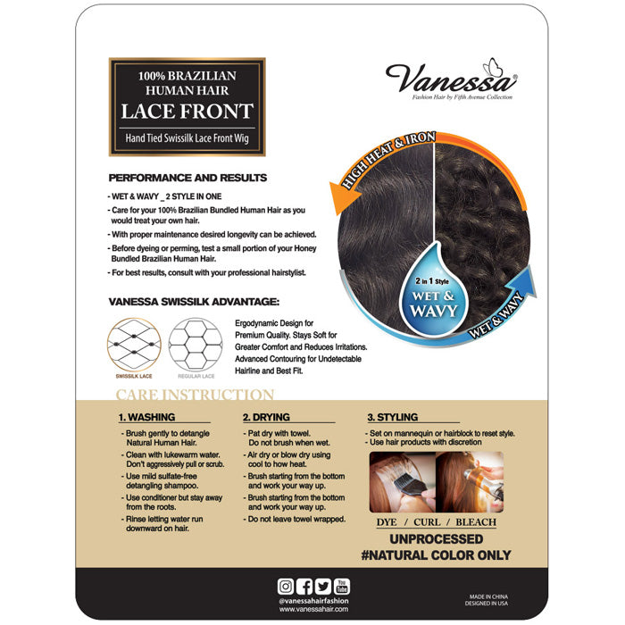 Vanessa 100% Brazilian Human Hair Swissilk Lace Front Wet & Wavy Wig - TJH DALIA