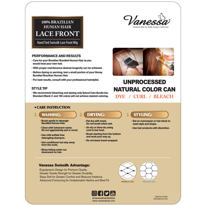 Vanessa 100% Brazilian Human Hair Swissilk Lace Front Wig - TCH ILONA